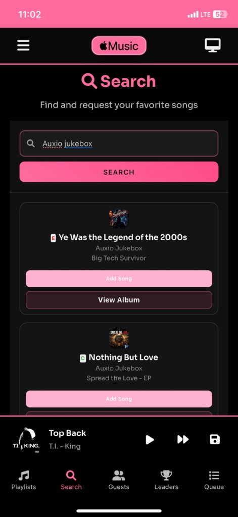 Searching Apple Music in Auxio and adding a song to the party