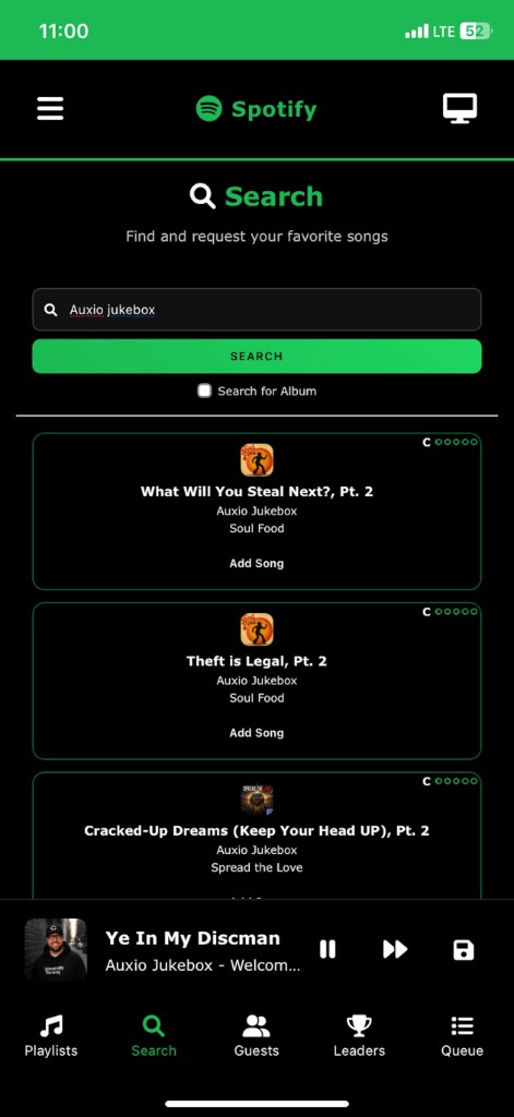 Searching Spotify in Auxio for songs to request