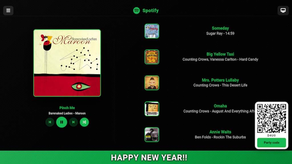 Auxio Spotify TV view with now playing, upcoming tracks, and party code